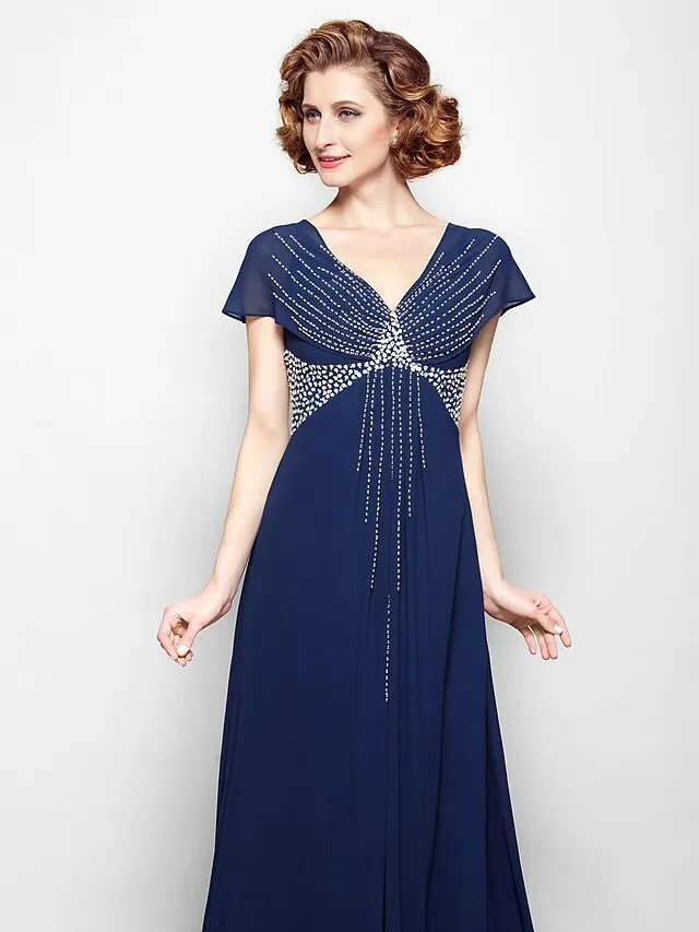 Luolandi A-Line Mother of the Bride Dress V Neck Court Train Georgette Short Sleeve with Beading Sequin Dark Navy