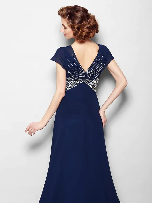 Luolandi A-Line Mother of the Bride Dress V Neck Court Train Georgette Short Sleeve with Beading Sequin Dark Navy
