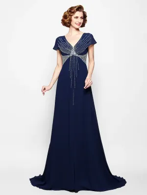 Luolandi A-Line Mother of the Bride Dress V Neck Court Train Georgette Short Sleeve with Beading Sequin Dark Navy