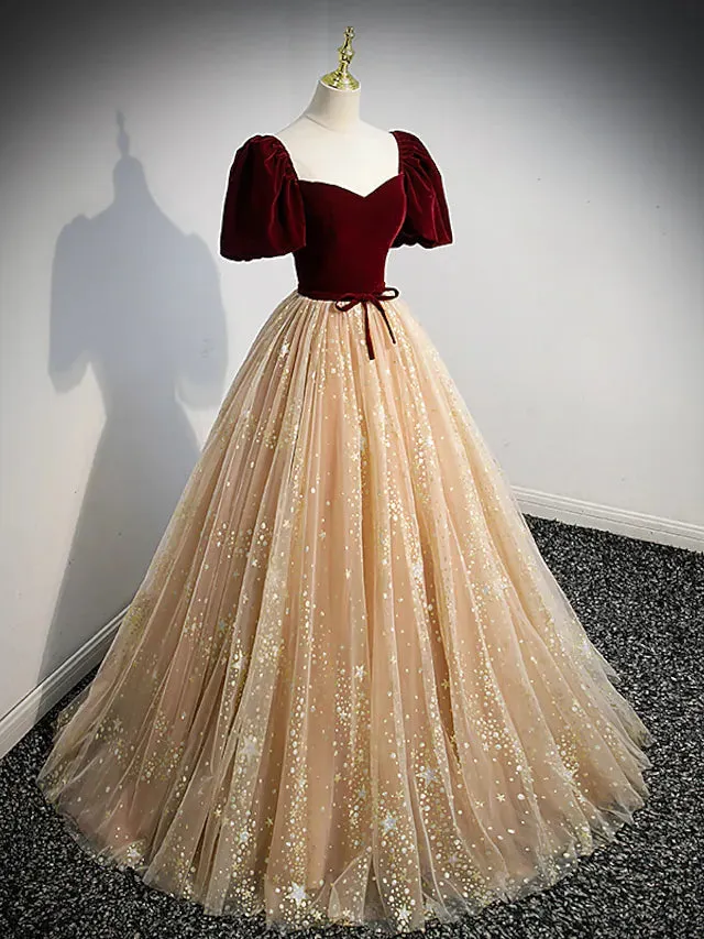 Luolandi A-Line Prom Dresses Princess Dress Engagement Floor Length Short Sleeve Sweetheart Tulle with Bow(s)