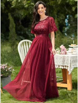 Luolandi A-Line Prom Dresses Vintage Dress Prom Floor Length Short Sleeve Jewel Neck Tulle with Sequin Ruffles