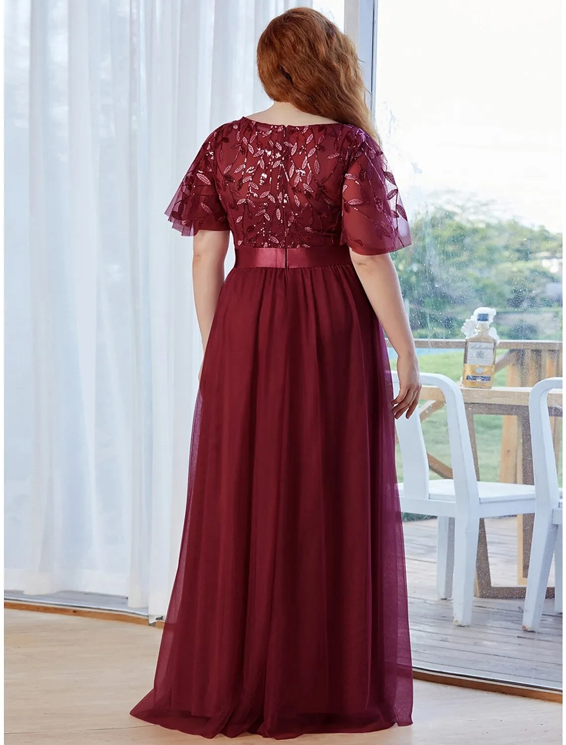 Luolandi A-Line Prom Dresses Vintage Dress Prom Floor Length Short Sleeve Jewel Neck Tulle with Sequin Ruffles