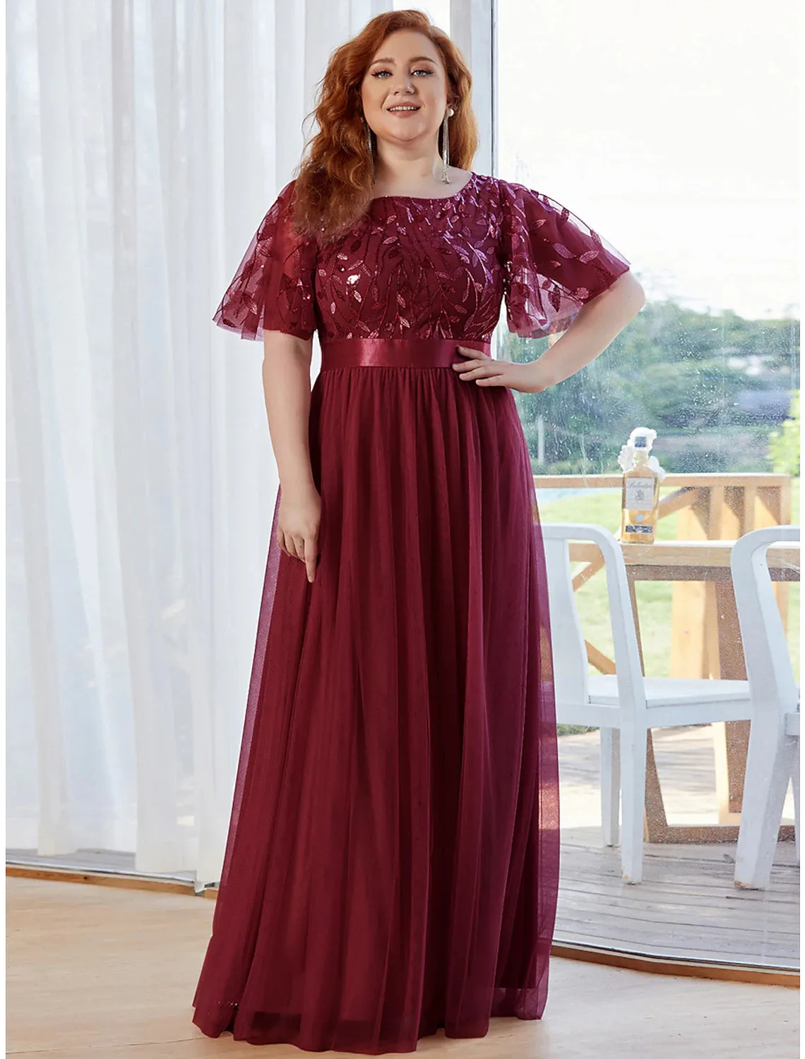 Luolandi A-Line Prom Dresses Vintage Dress Prom Floor Length Short Sleeve Jewel Neck Tulle with Sequin Ruffles
