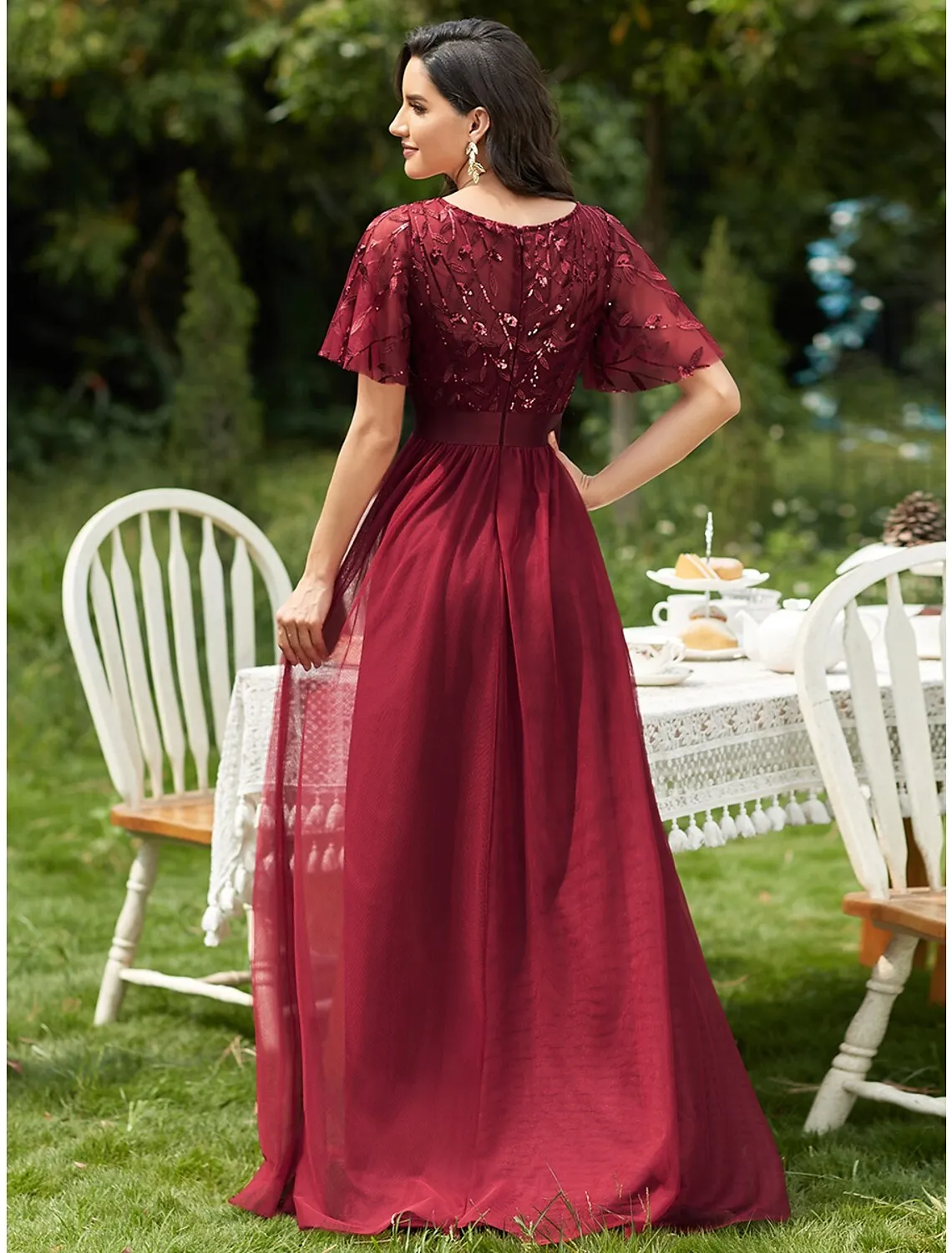 Luolandi A-Line Prom Dresses Vintage Dress Prom Floor Length Short Sleeve Jewel Neck Tulle with Sequin Ruffles