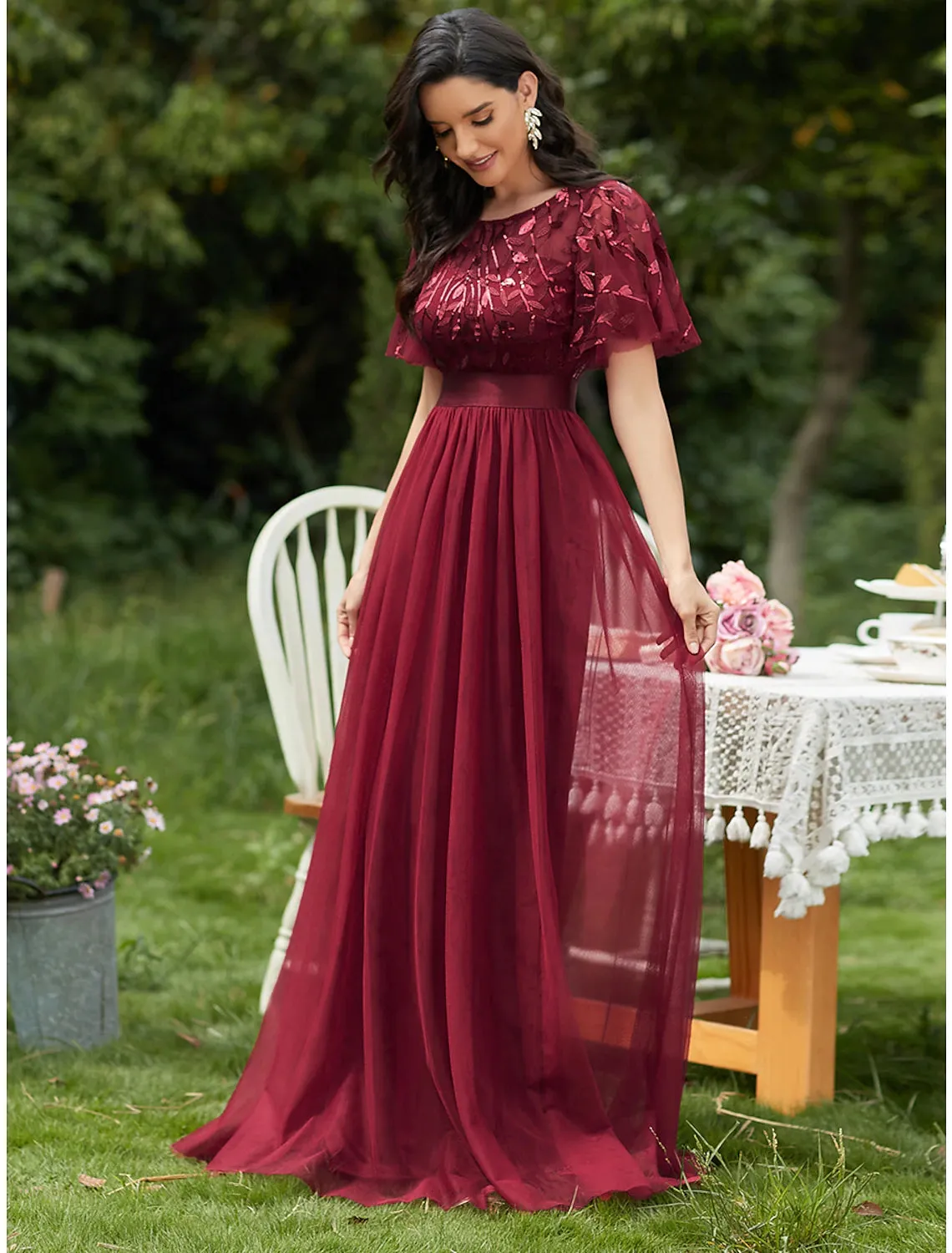 Luolandi A-Line Prom Dresses Vintage Dress Prom Floor Length Short Sleeve Jewel Neck Tulle with Sequin Ruffles