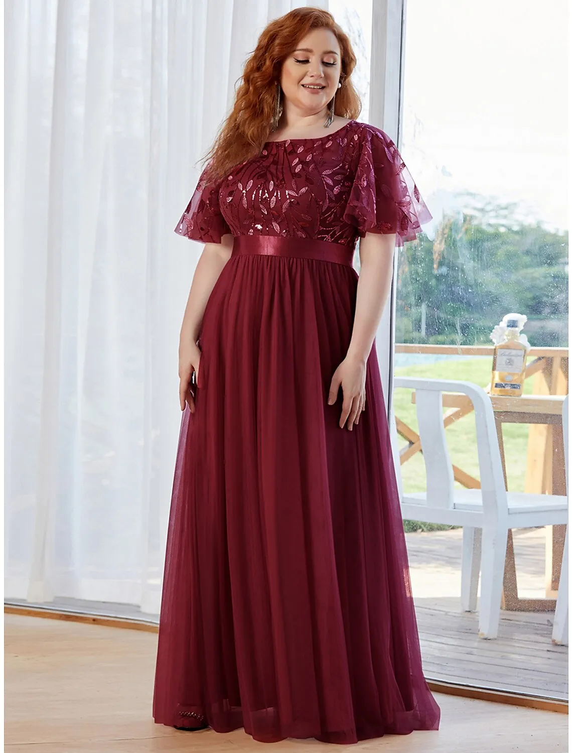Luolandi A-Line Prom Dresses Vintage Dress Prom Floor Length Short Sleeve Jewel Neck Tulle with Sequin Ruffles