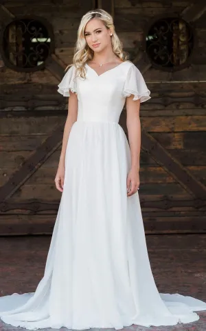 Luolandi A Line V-neck Chiffon Floor-length Brush Train Short Sleeve Wedding Dress with Ruffles White