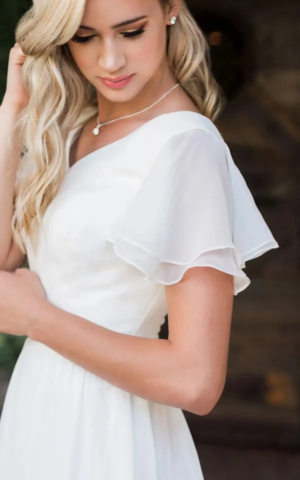Luolandi A Line V-neck Chiffon Floor-length Brush Train Short Sleeve Wedding Dress with Ruffles White