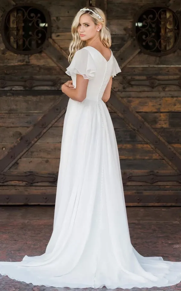 Luolandi A Line V-neck Chiffon Floor-length Brush Train Short Sleeve Wedding Dress with Ruffles White