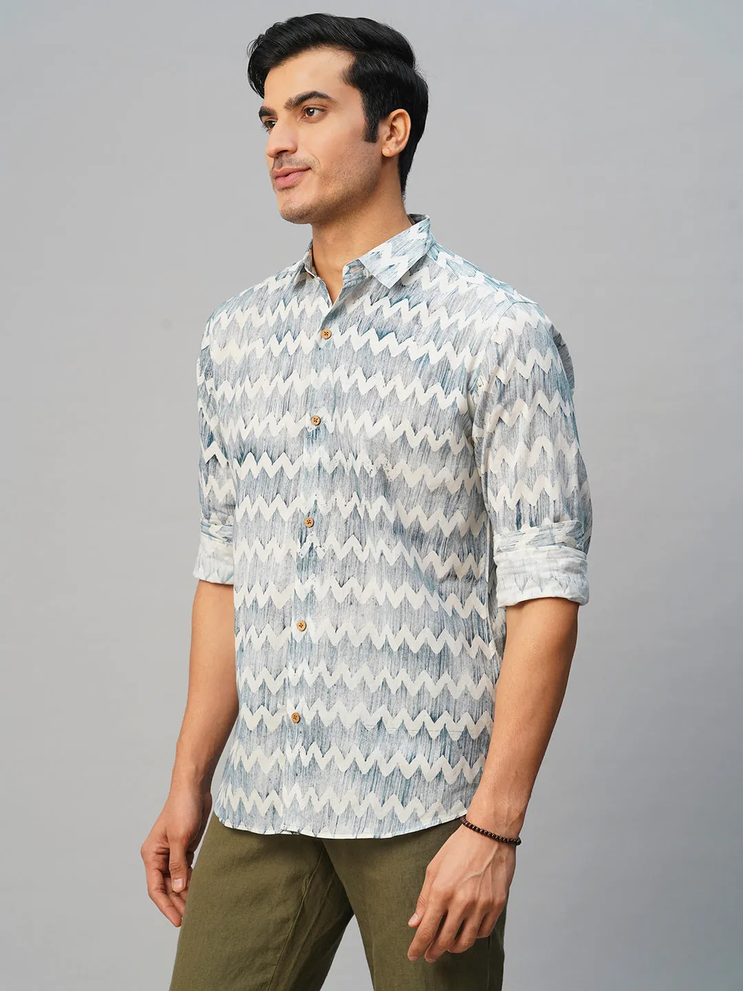 Men's Cotton Batik Printed Slim Fit Navy Shirt