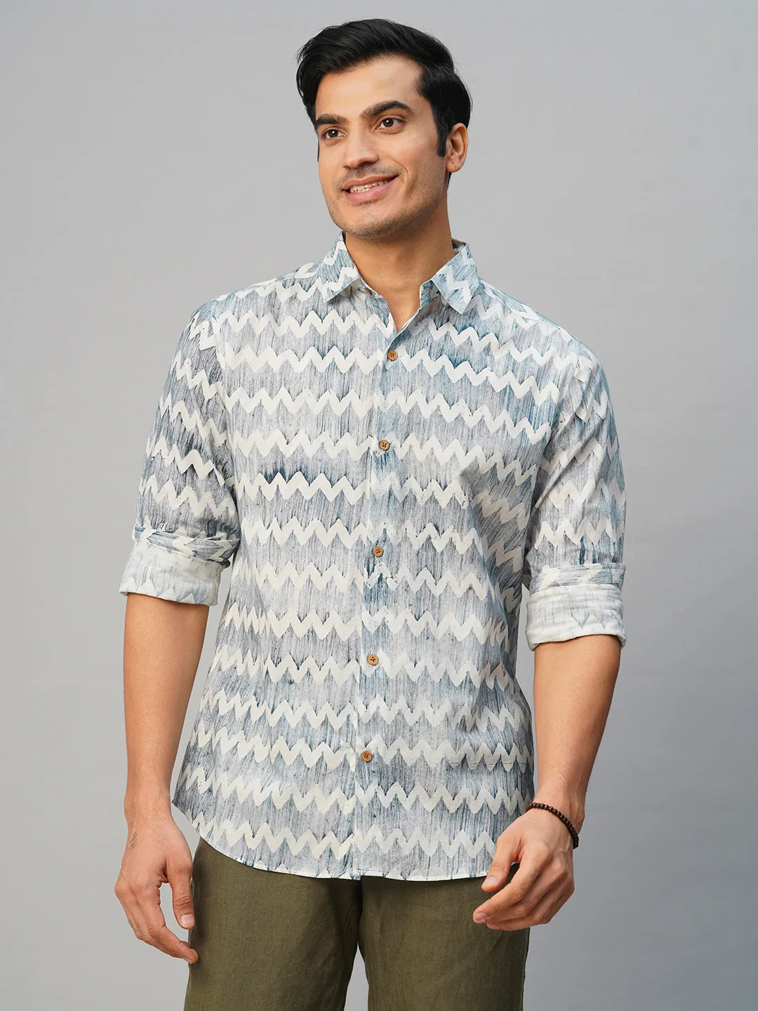 Men's Cotton Batik Printed Slim Fit Navy Shirt