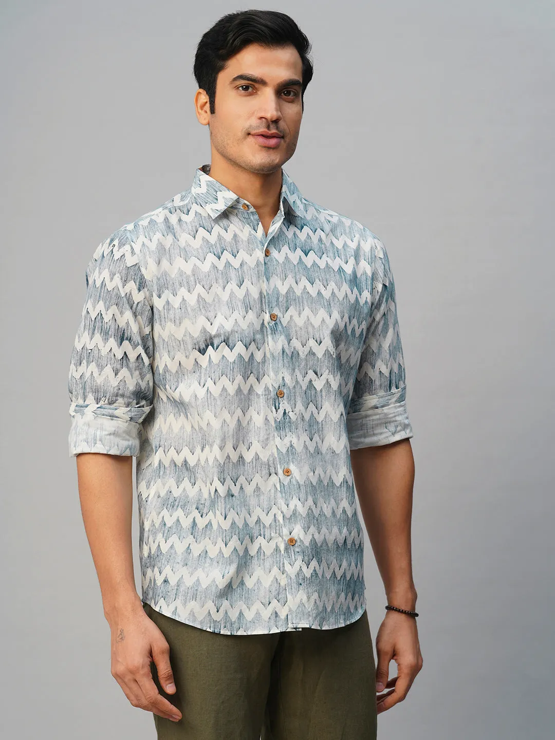 Men's Cotton Batik Printed Slim Fit Navy Shirt