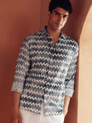 Men's Cotton Batik Printed Slim Fit Navy Shirt