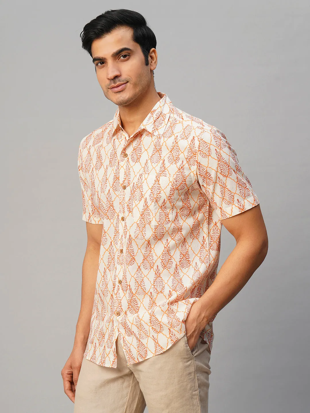Men's Cotton Hand Block Printed Regular Fit Brown Shirt