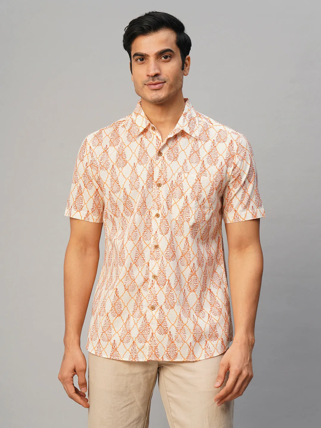 Men's Cotton Hand Block Printed Regular Fit Brown Shirt