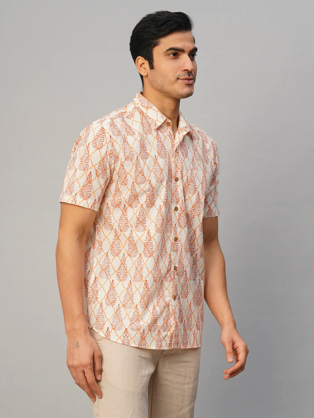 Men's Cotton Hand Block Printed Regular Fit Brown Shirt