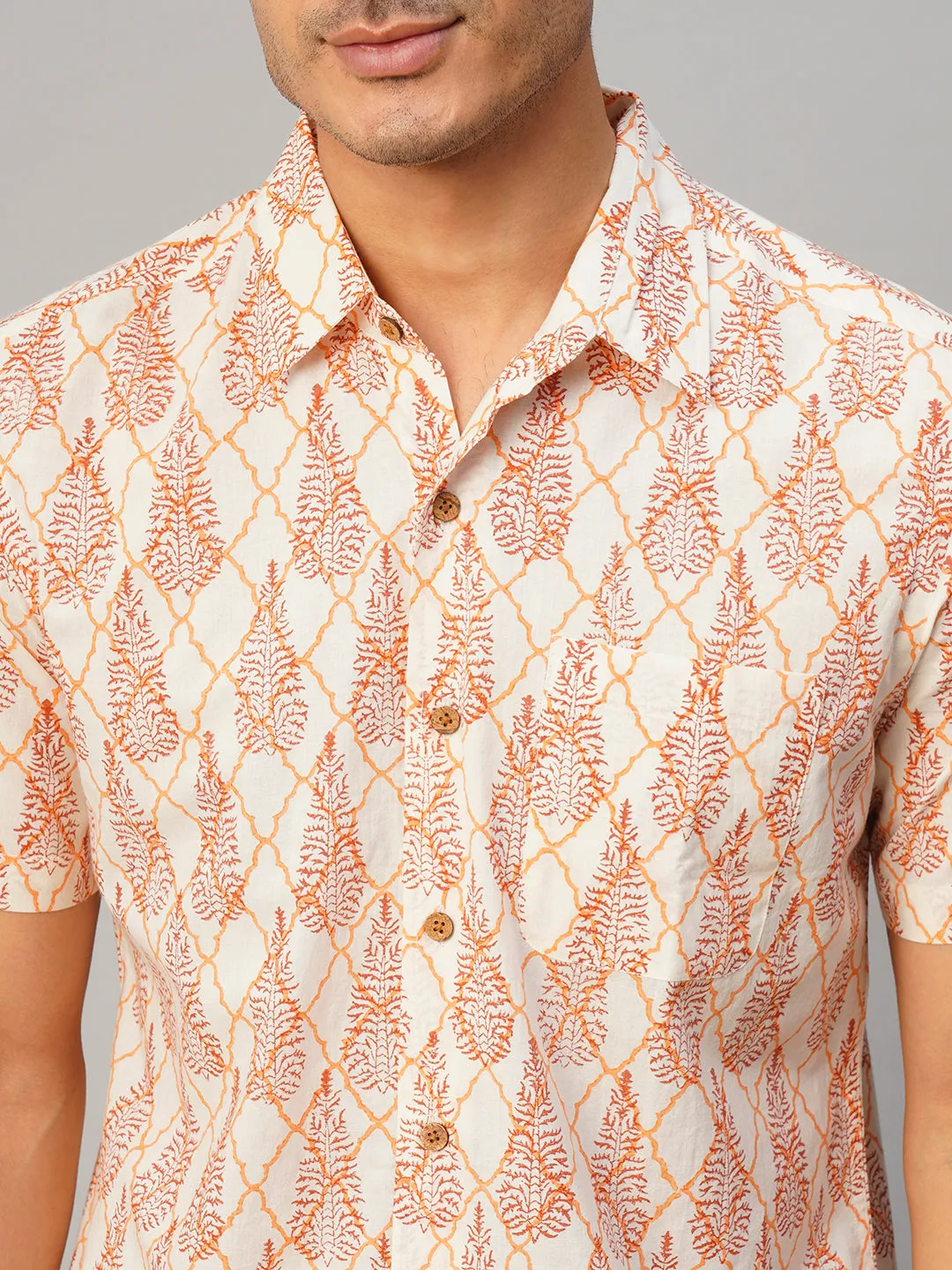 Men's Cotton Hand Block Printed Regular Fit Brown Shirt