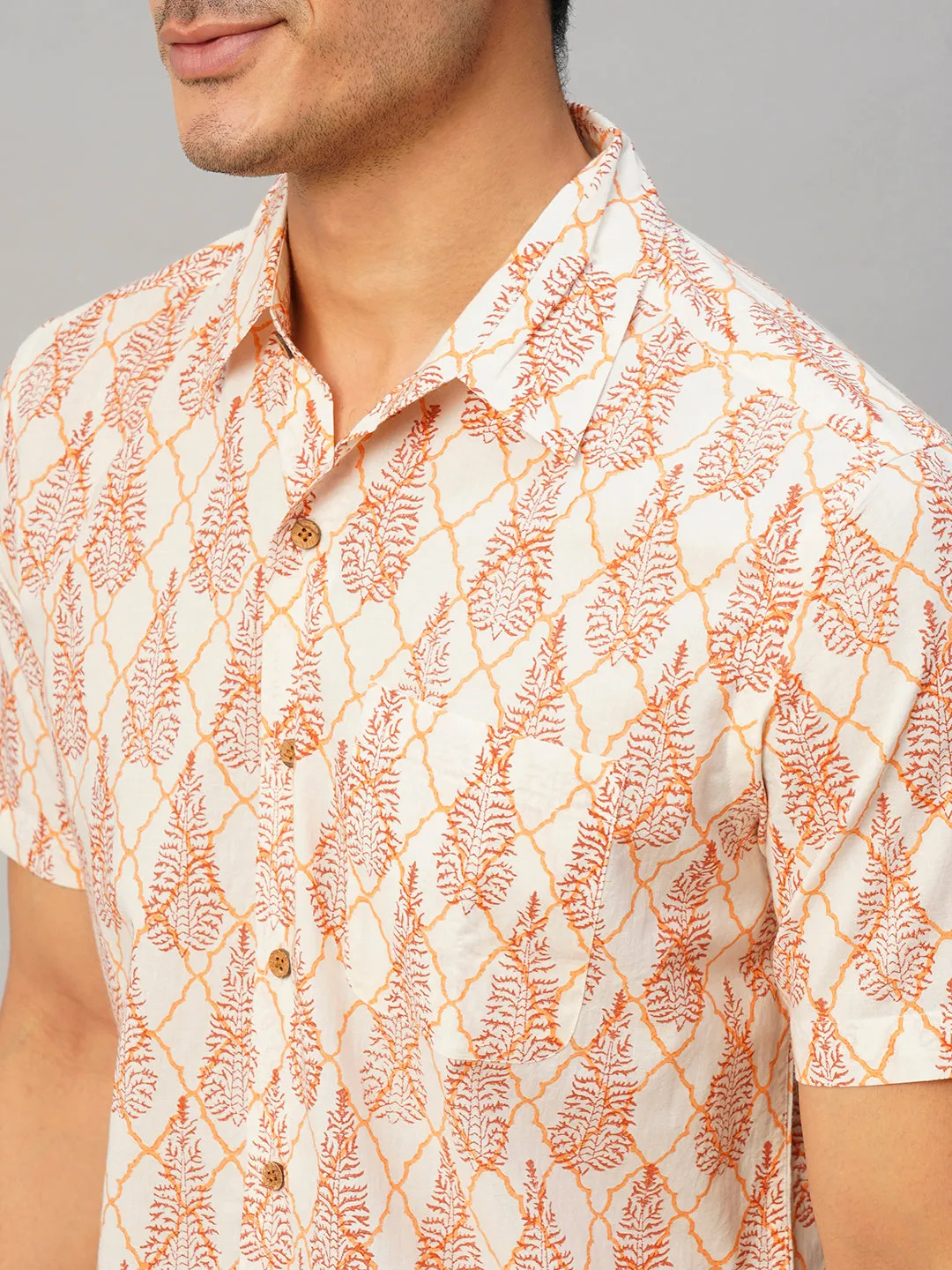 Men's Cotton Hand Block Printed Regular Fit Brown Shirt