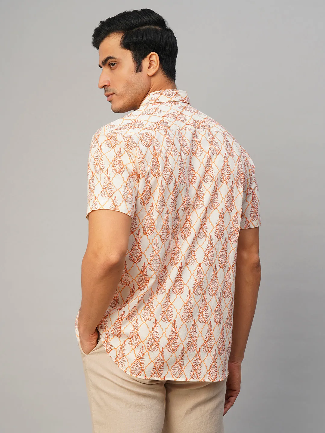Men's Cotton Hand Block Printed Regular Fit Brown Shirt