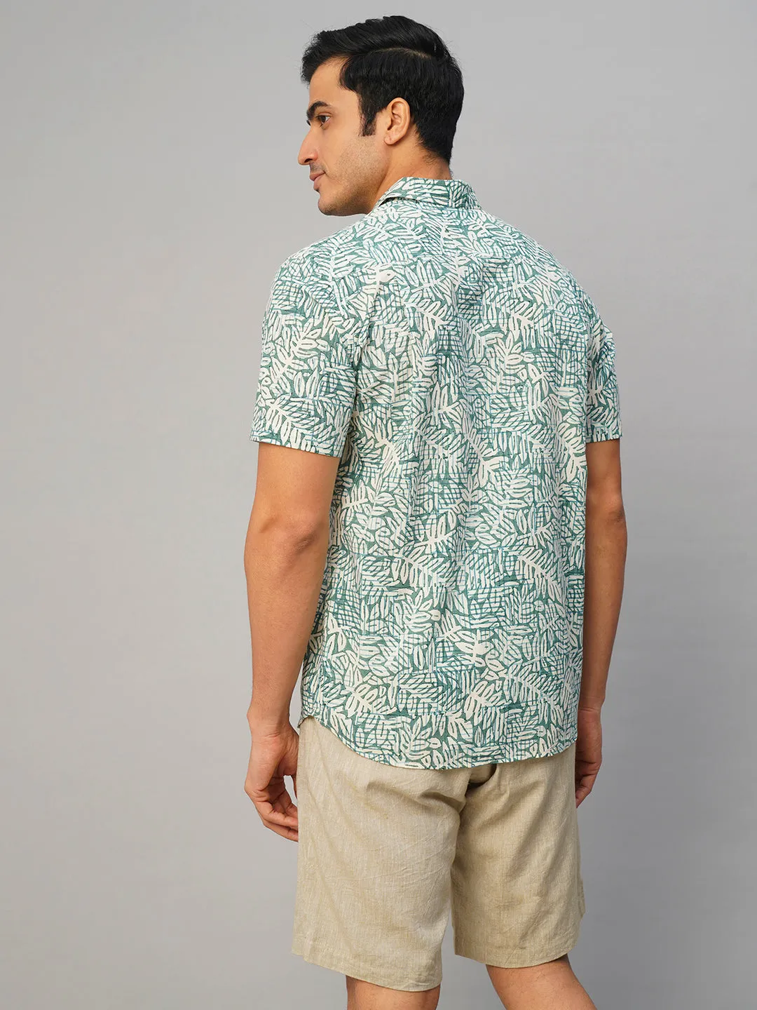 Men's Cotton Hand Block Printed Regular Fit Green Shirt