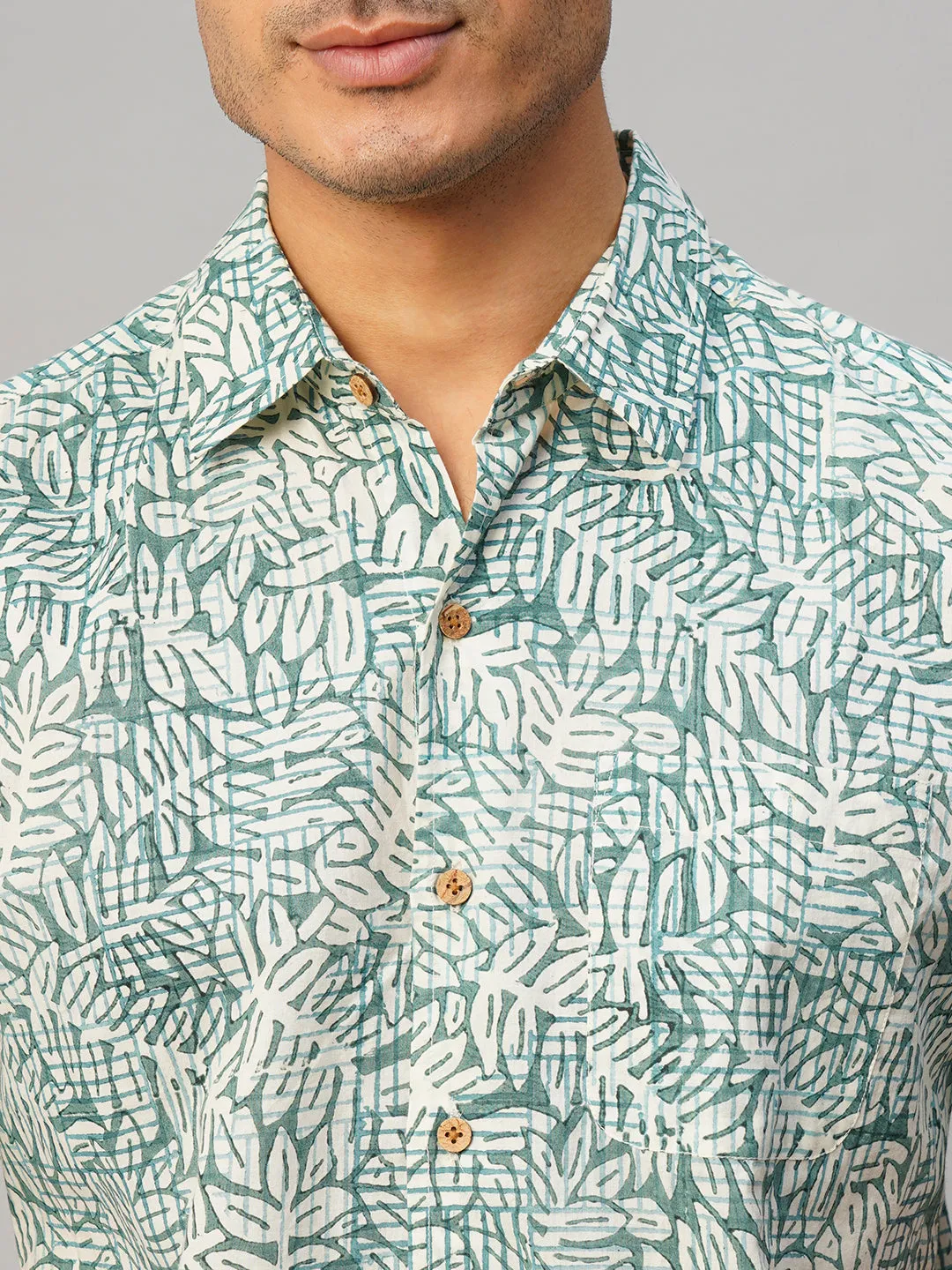 Men's Cotton Hand Block Printed Regular Fit Green Shirt
