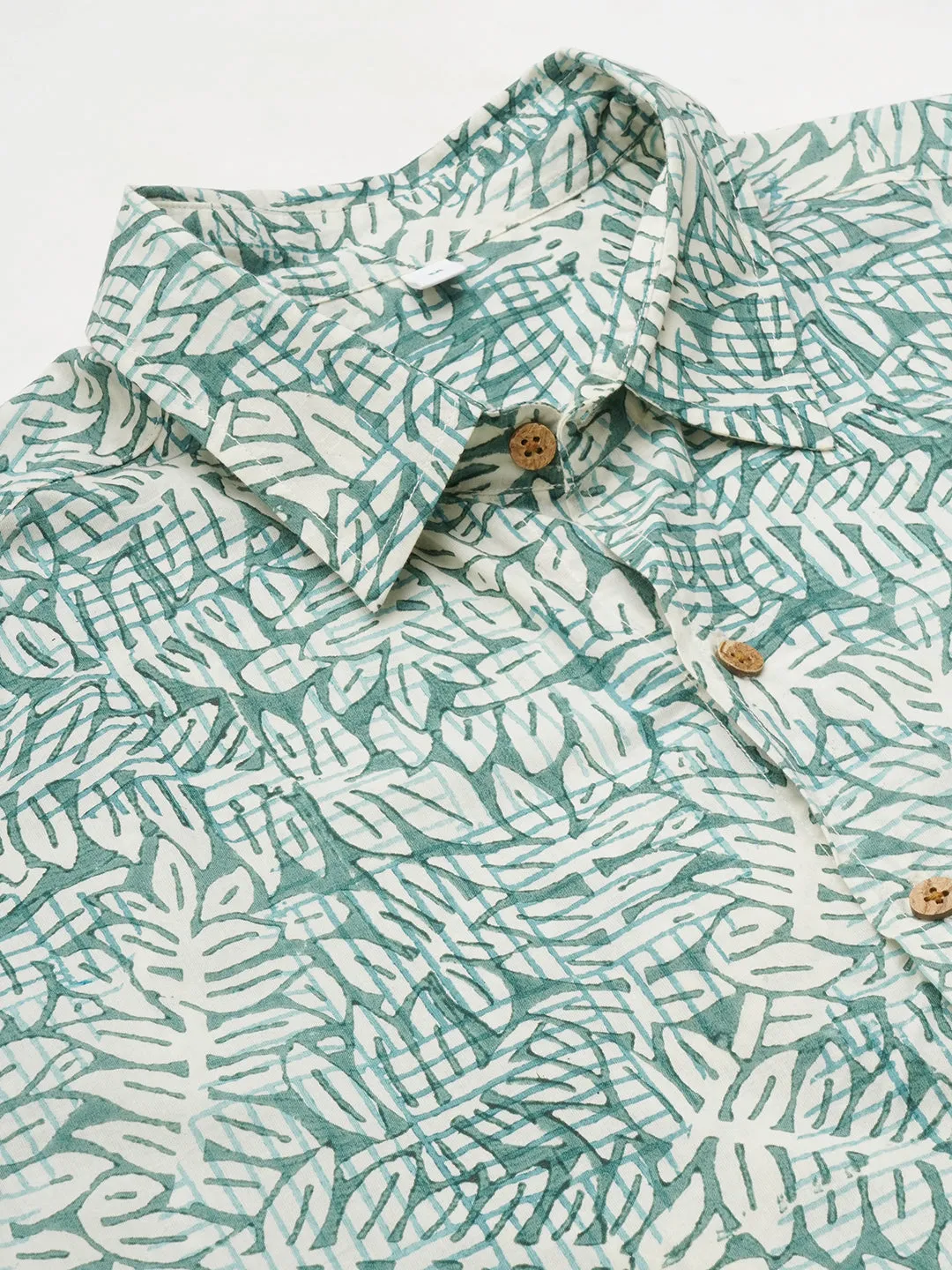 Men's Cotton Hand Block Printed Regular Fit Green Shirt