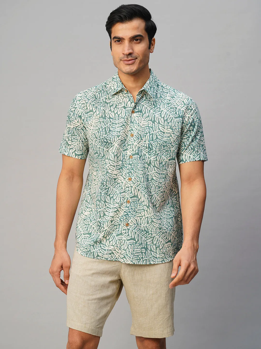 Men's Cotton Hand Block Printed Regular Fit Green Shirt