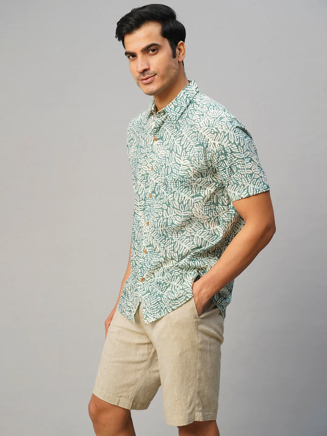 Men's Cotton Hand Block Printed Regular Fit Green Shirt