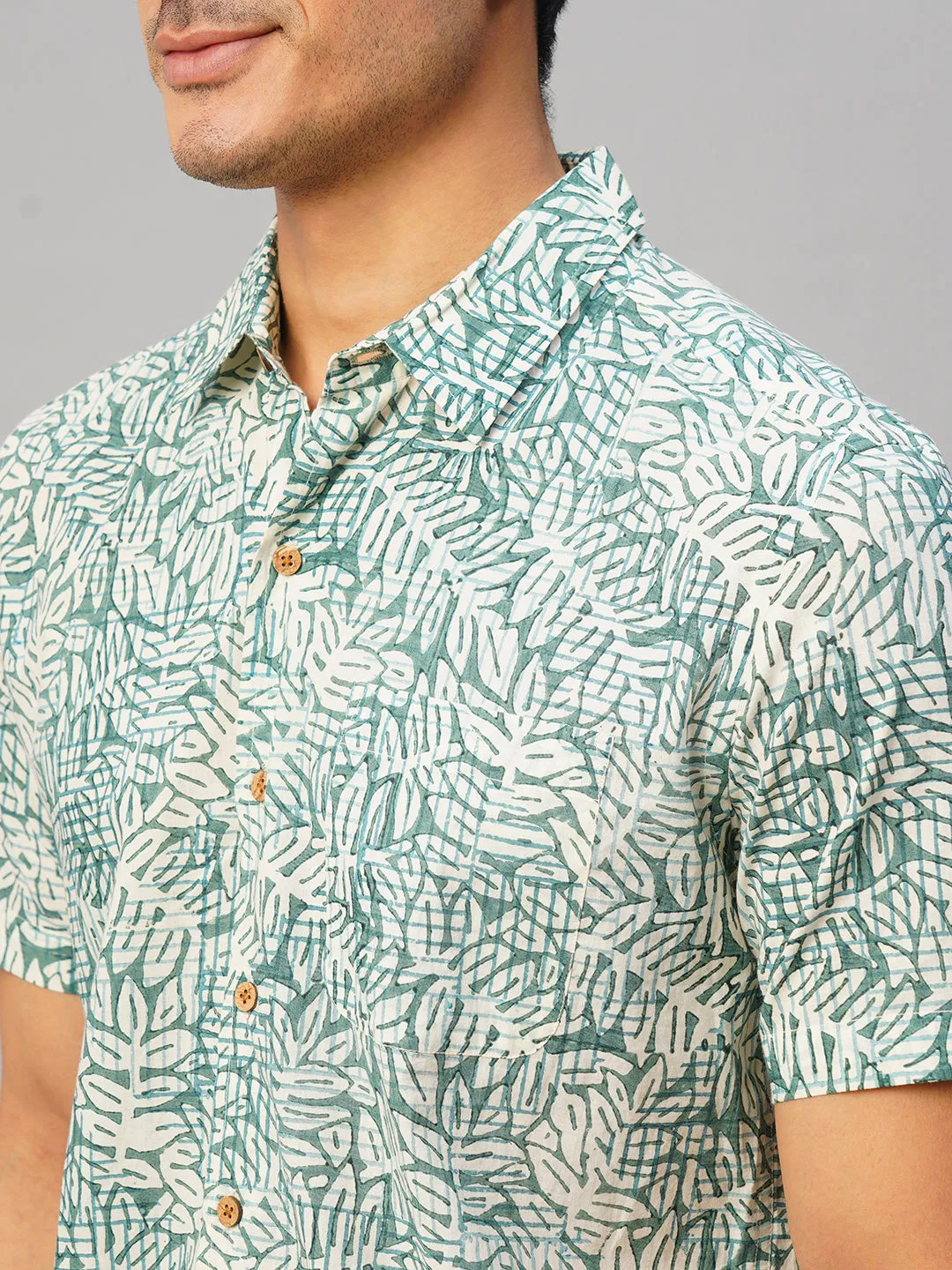 Men's Cotton Hand Block Printed Regular Fit Green Shirt