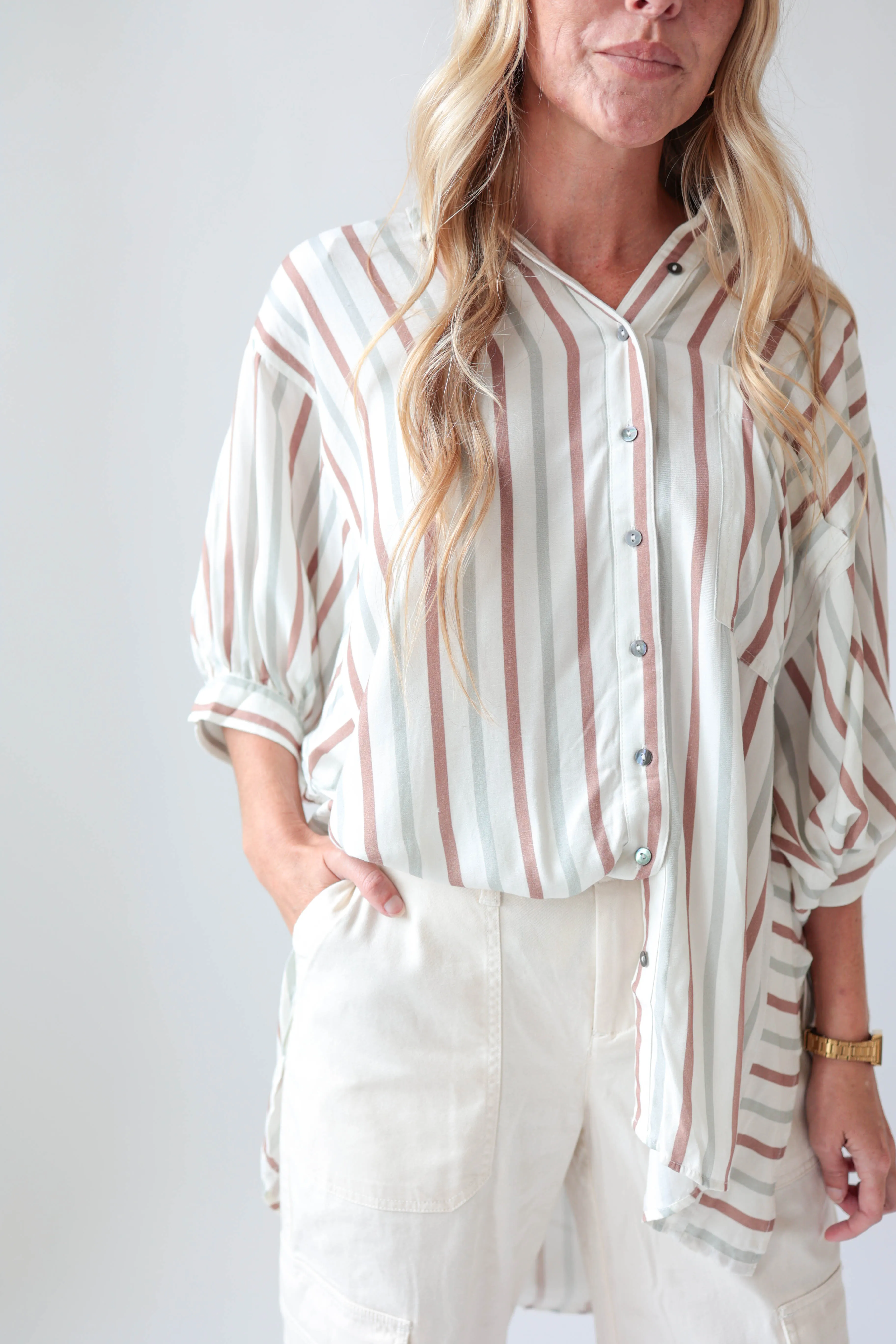 Neutral Stripe Button Down Top