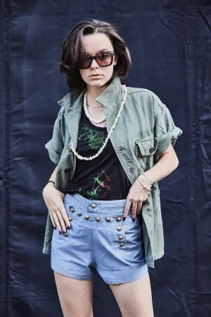 Party Back Shirt - Black Random Sequins - Short Sleeve Khaki