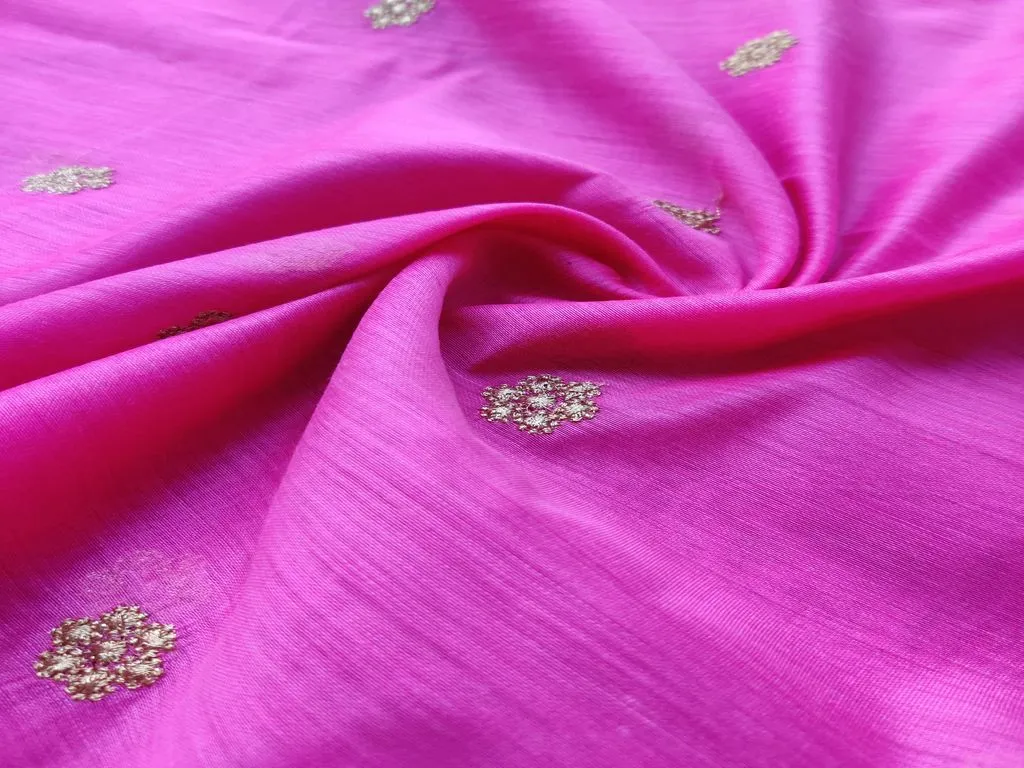 Pink Golden Floral Embroidered Chanderi Fabric