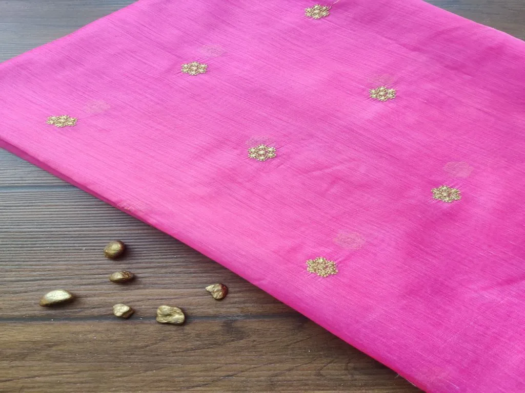 Pink Golden Floral Embroidered Chanderi Fabric