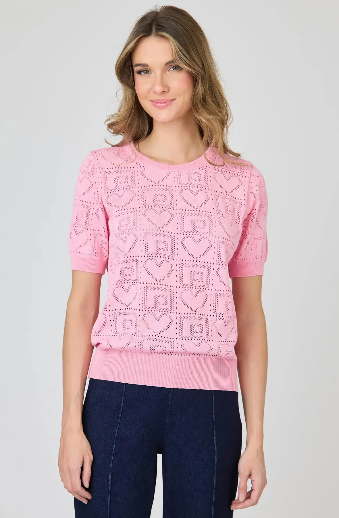 Pointelle Knit Top Short Sleeve Lightweight Sweater