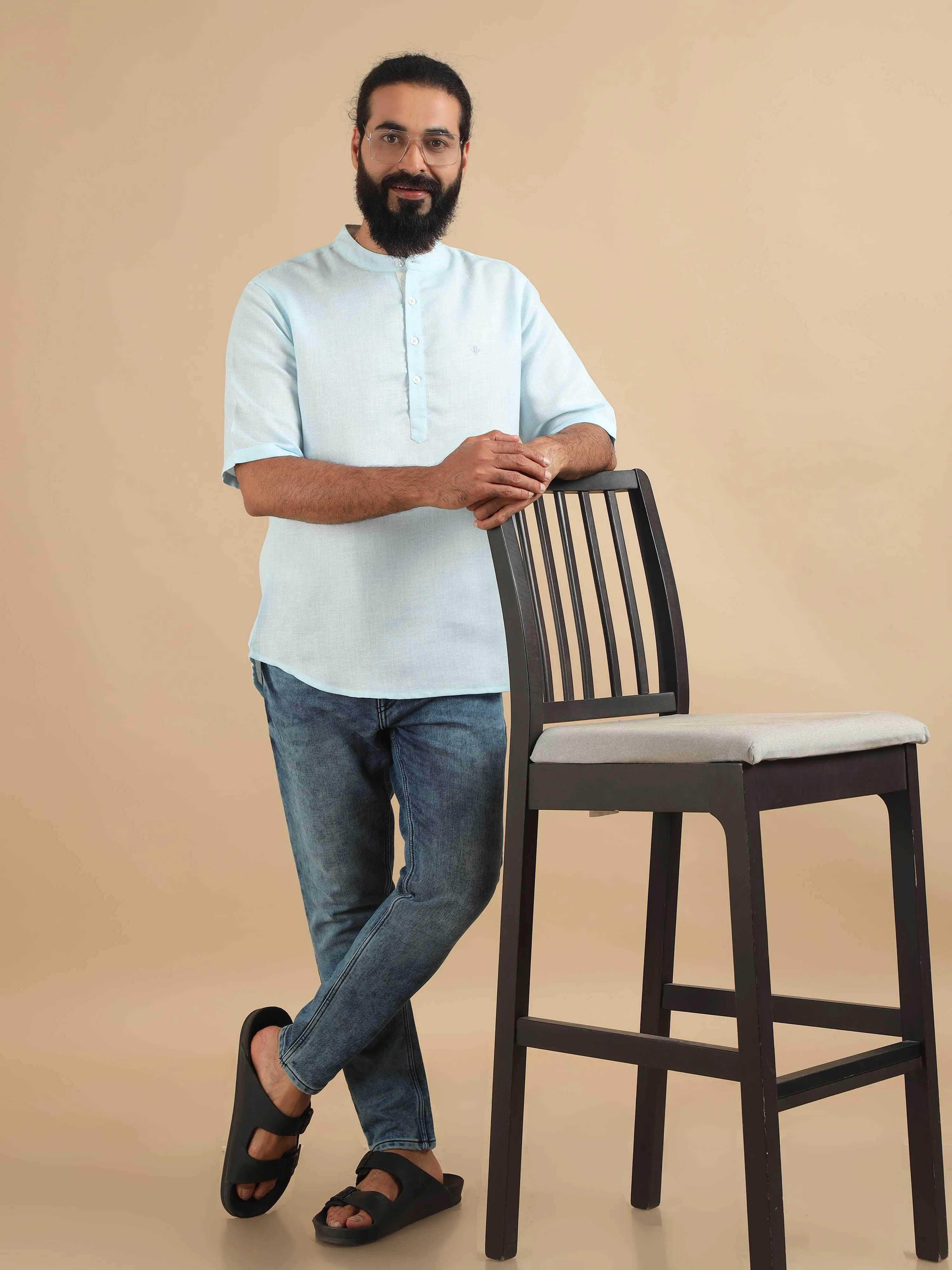 Powder Blue Textured Short Kurta