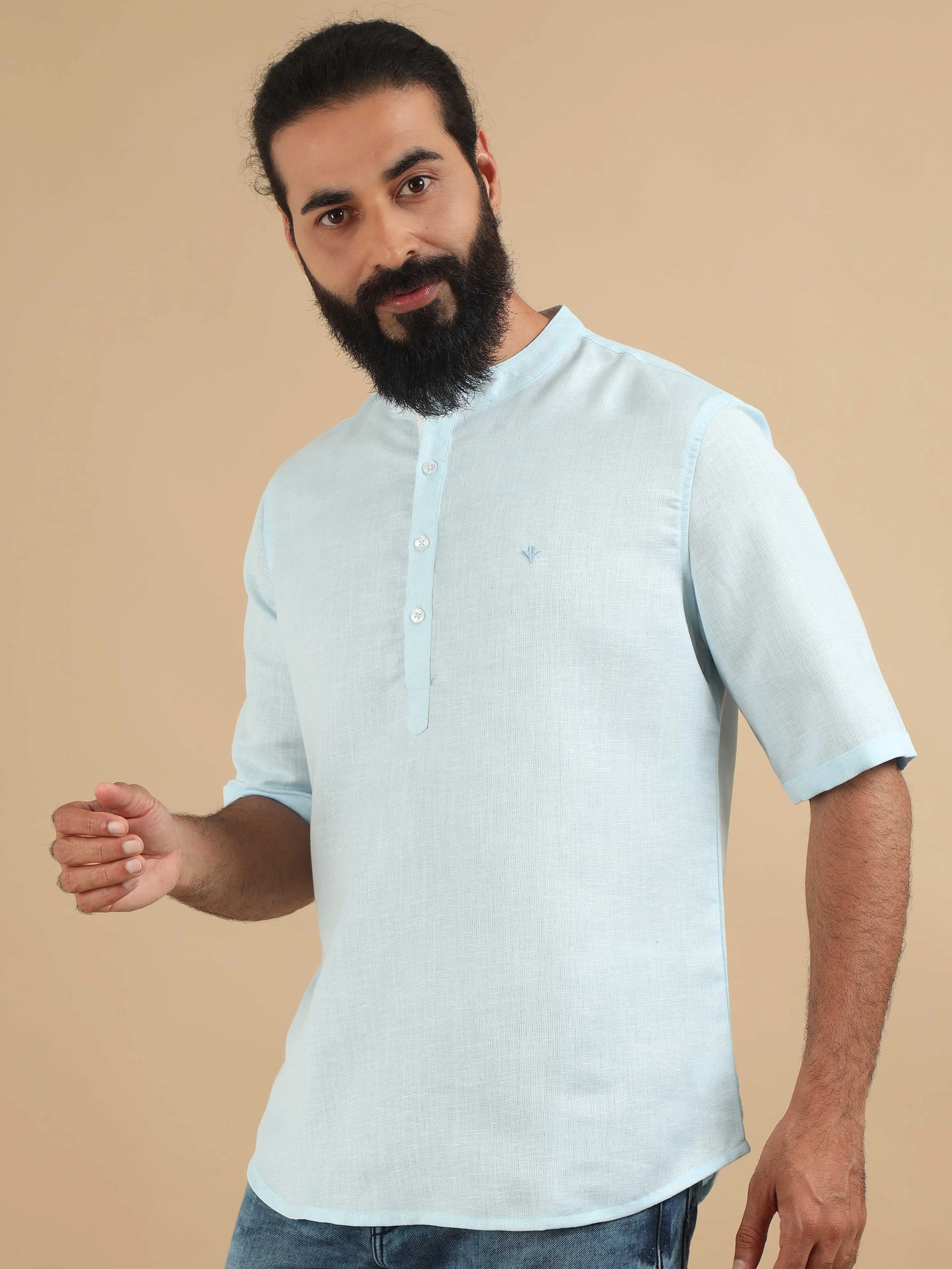 Powder Blue Textured Short Kurta