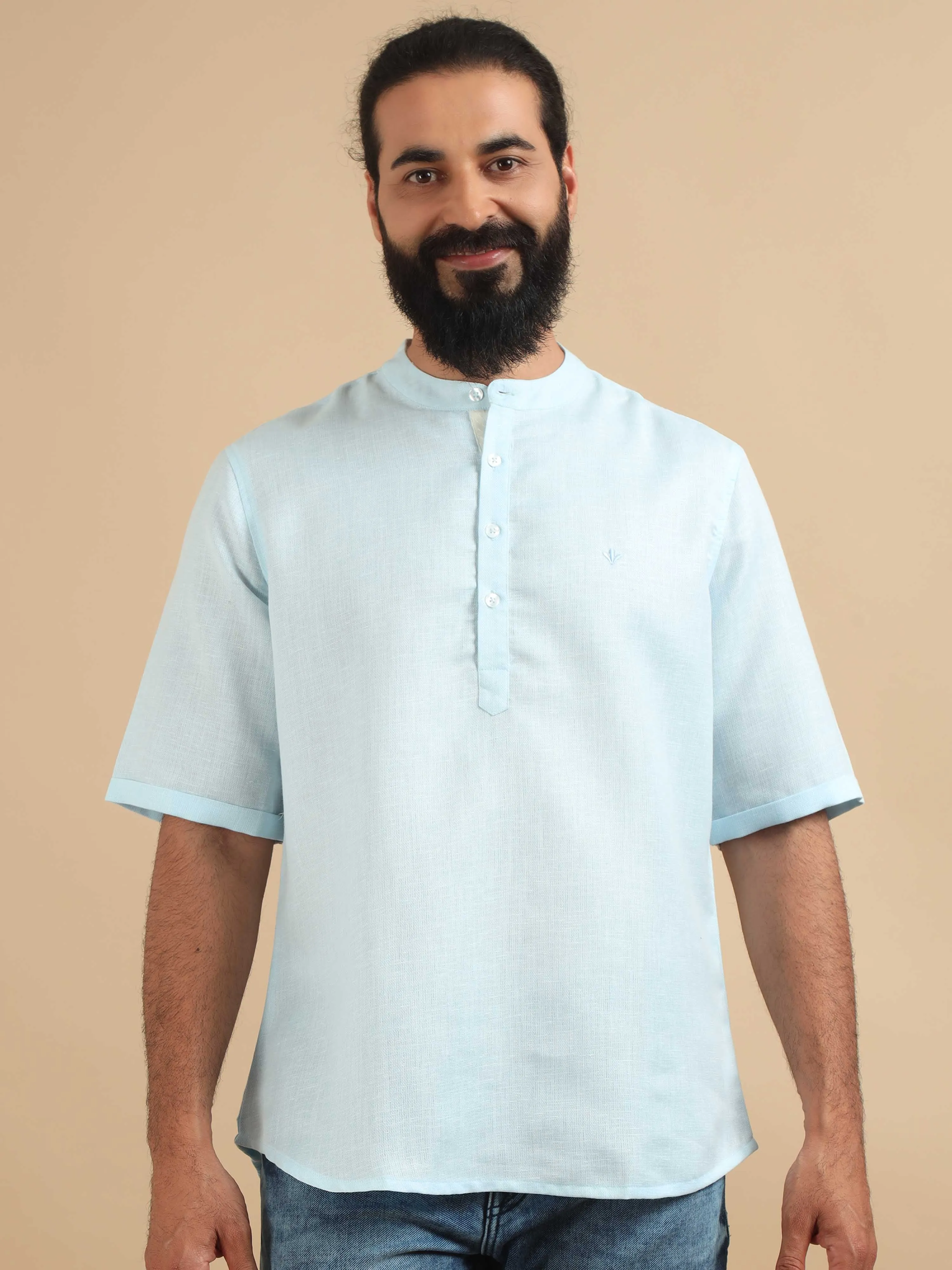Powder Blue Textured Short Kurta