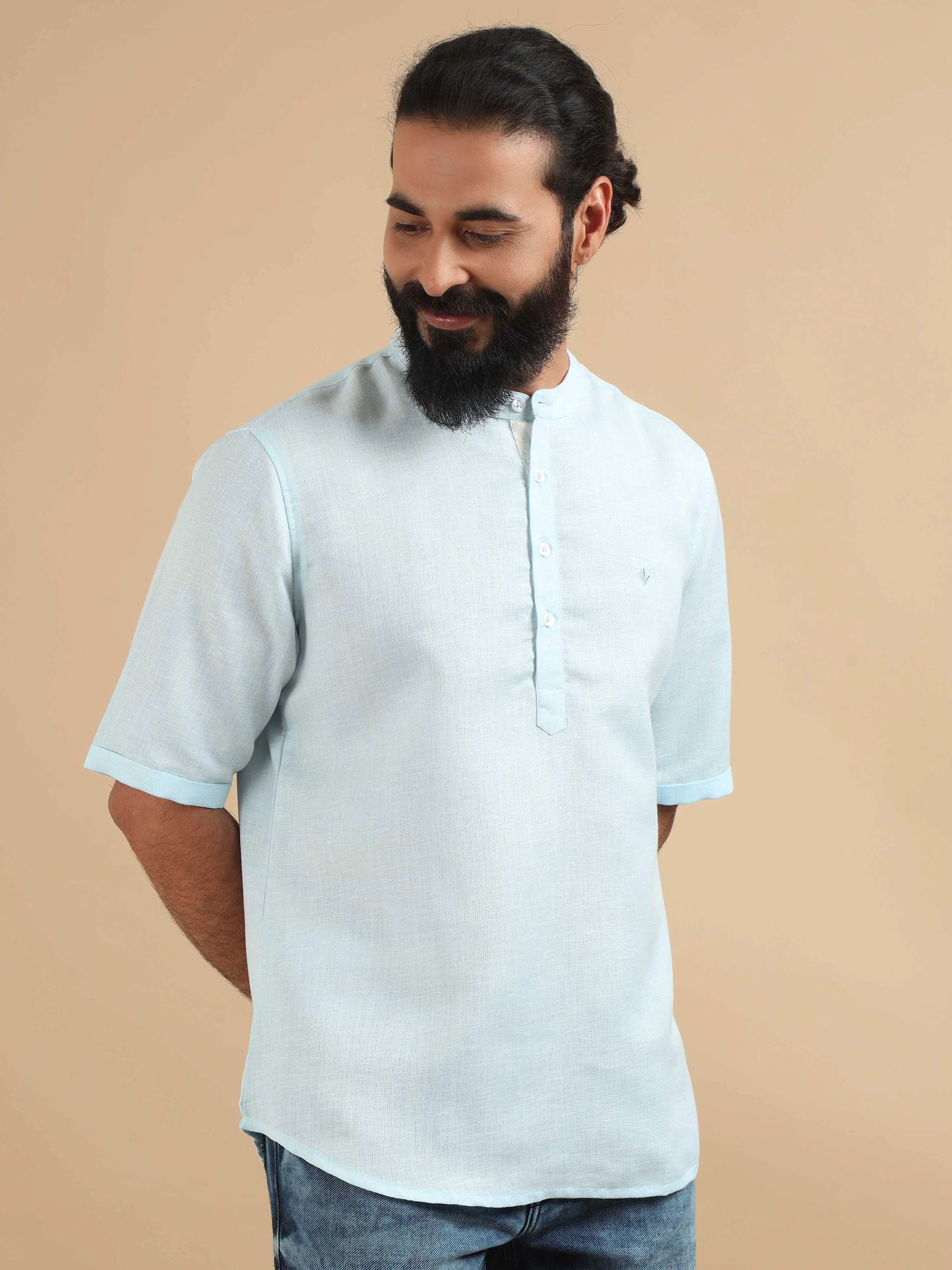 Powder Blue Textured Short Kurta