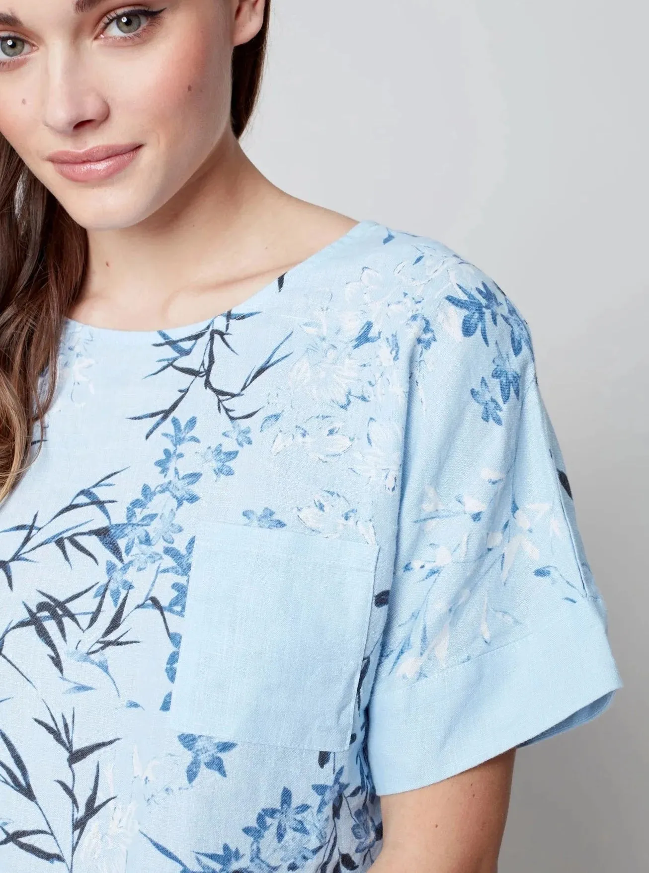 Printed Cuffed Short Sleeve Chest Pocket T-Shirt [Cerulean-C4474]