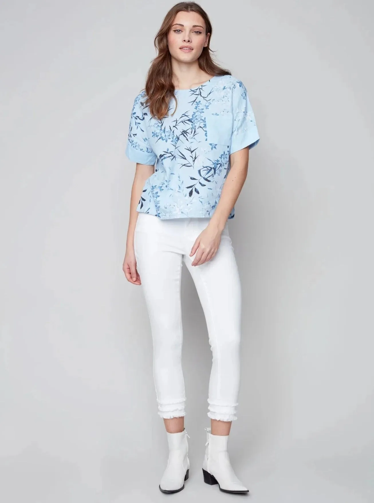 Printed Cuffed Short Sleeve Chest Pocket T-Shirt [Cerulean-C4474]
