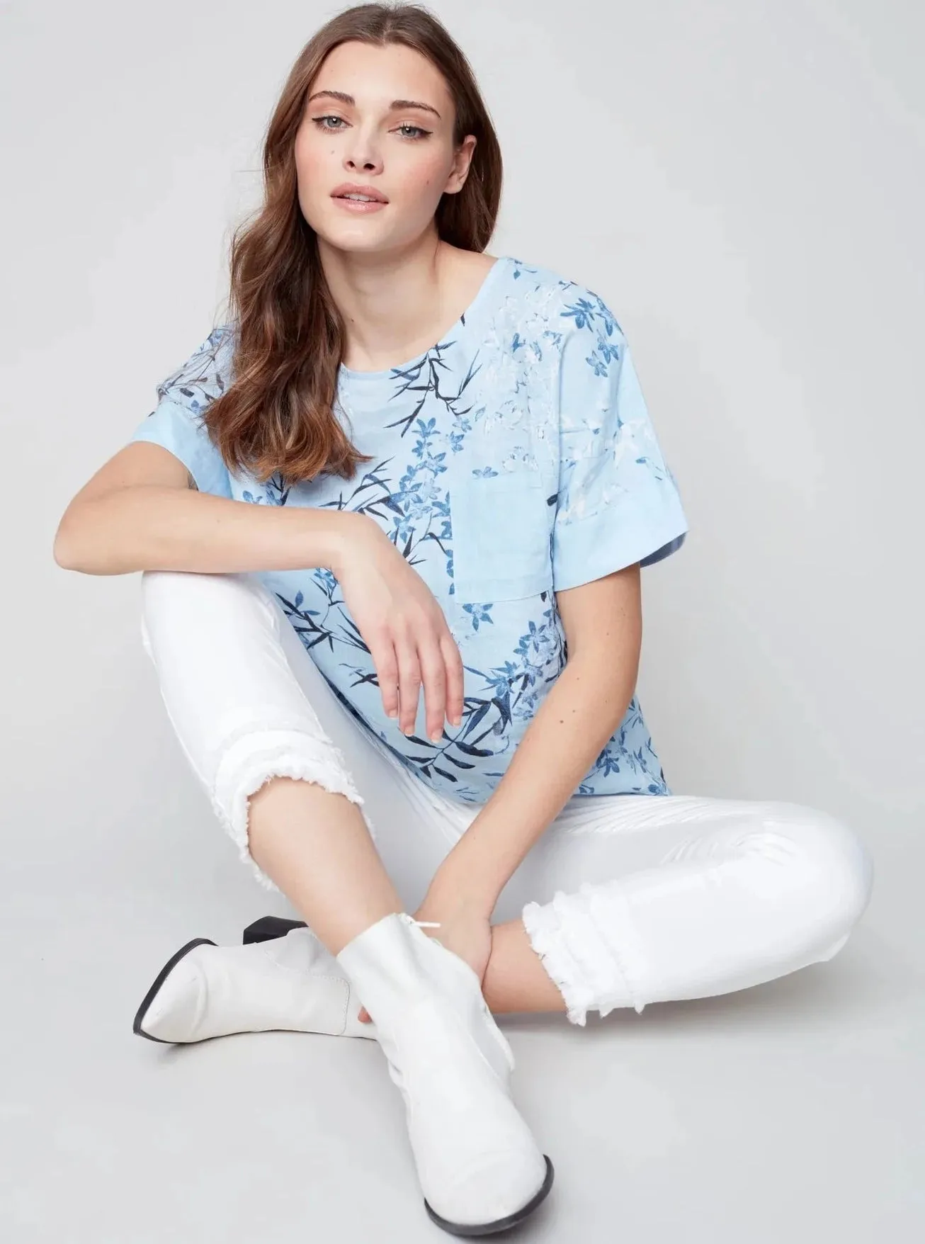 Printed Cuffed Short Sleeve Chest Pocket T-Shirt [Cerulean-C4474]