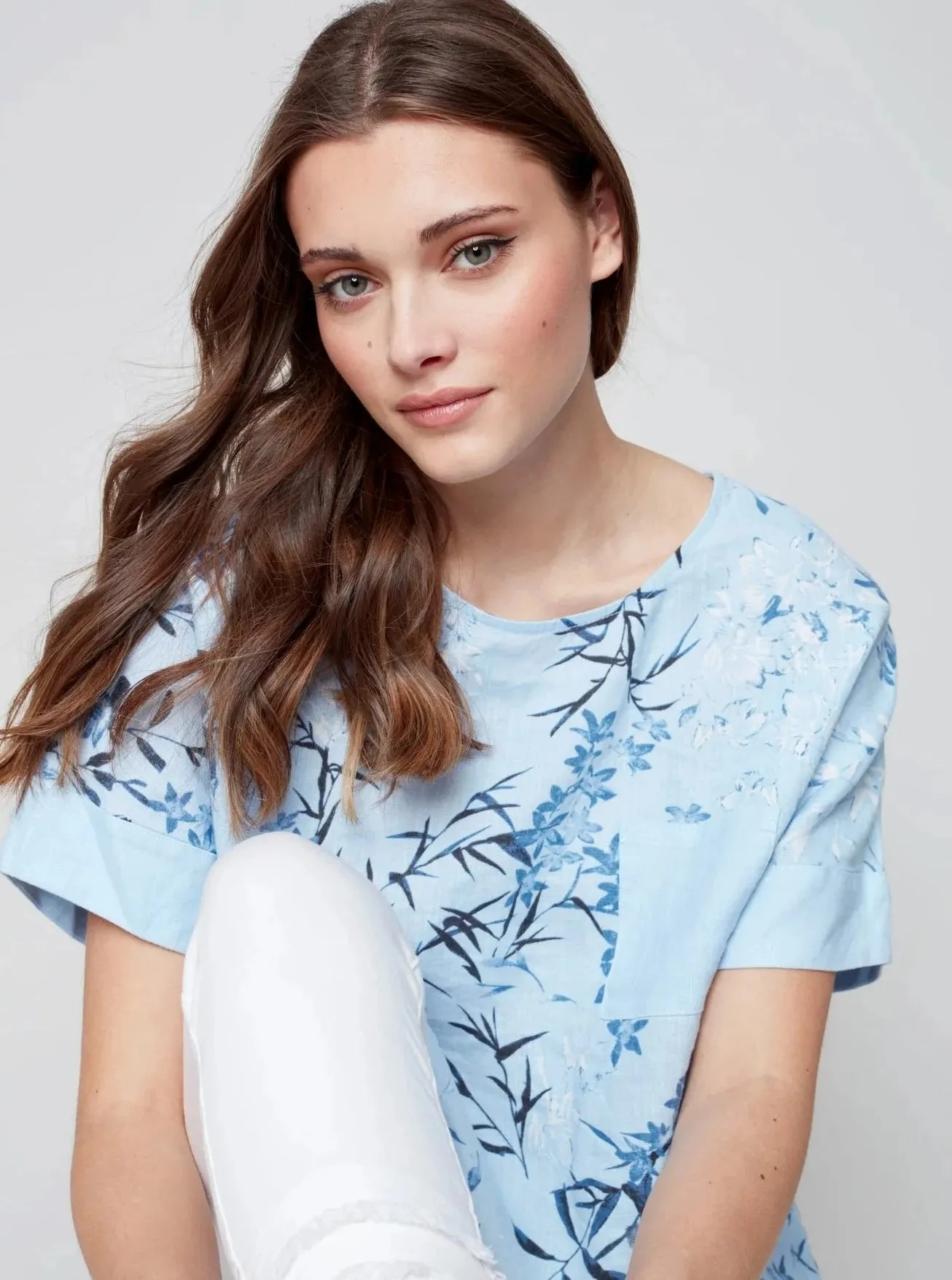 Printed Cuffed Short Sleeve Chest Pocket T-Shirt [Cerulean-C4474]