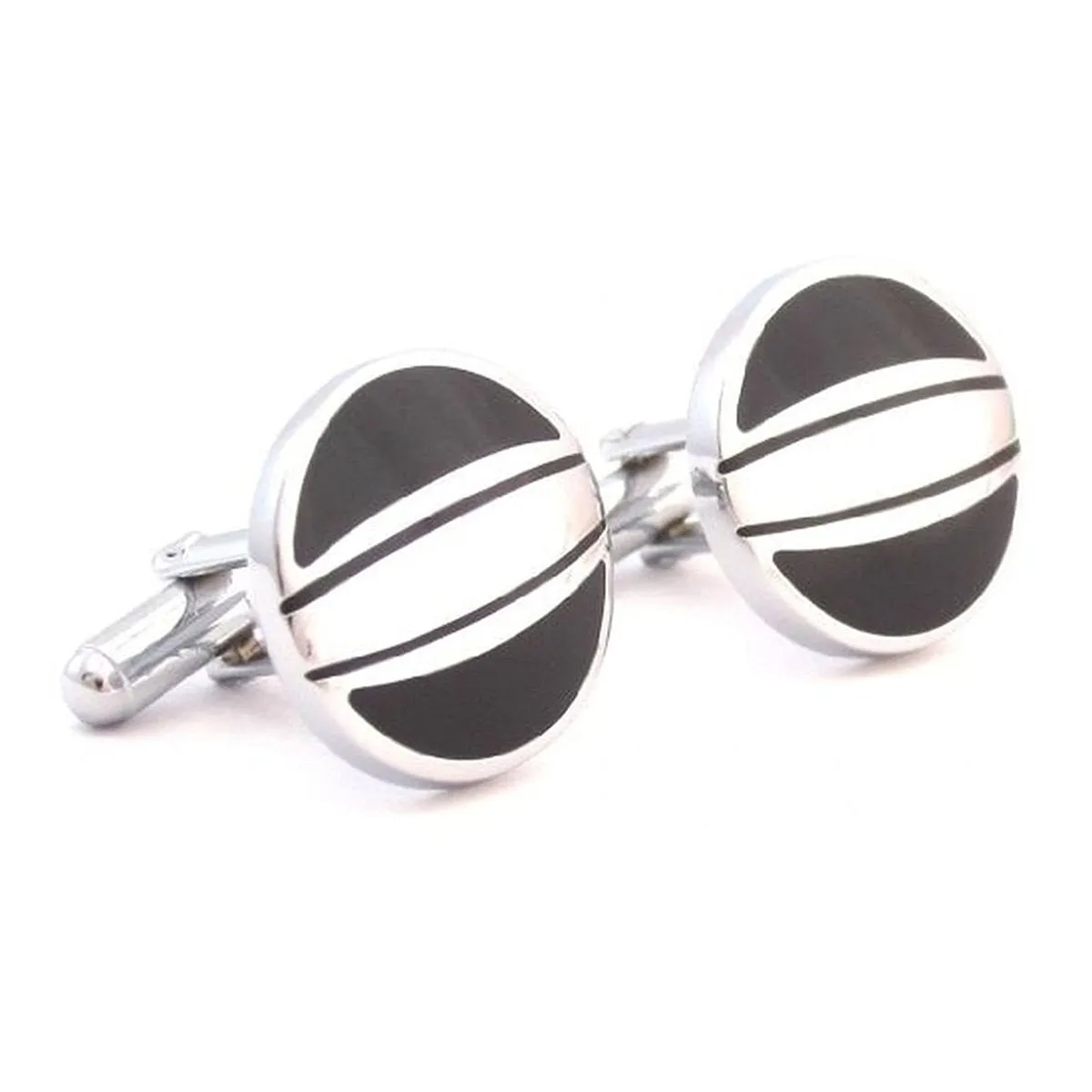 Round Black Silver Cufflinks In Box