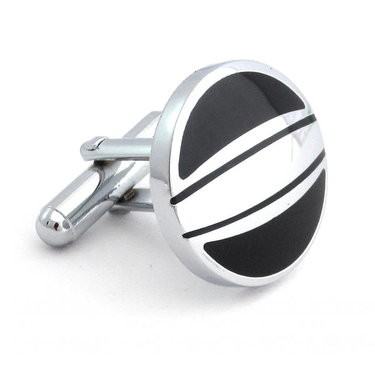 Round Black Silver Cufflinks In Box