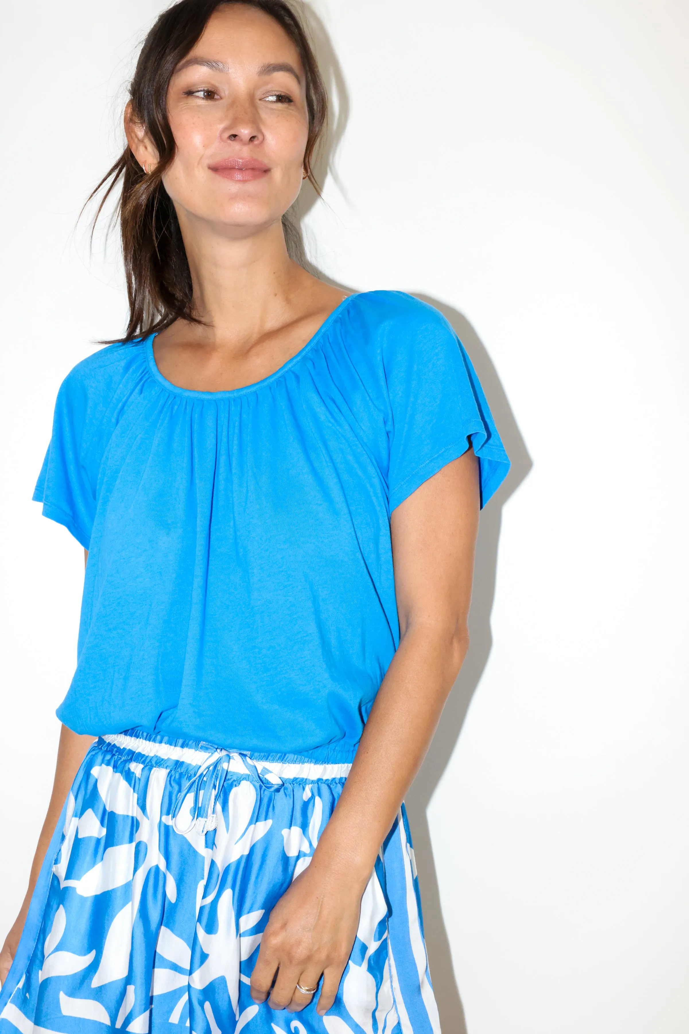 Shirred Boatneck Short Sleeve Top