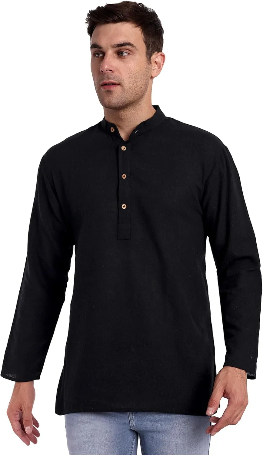 SKAVIJ Men's Handloom Cotton Solid Kurta Mandarin Collar Straight Regular Henley Shirt
