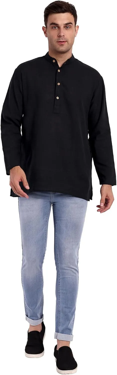 SKAVIJ Men's Handloom Cotton Solid Kurta Mandarin Collar Straight Regular Henley Shirt