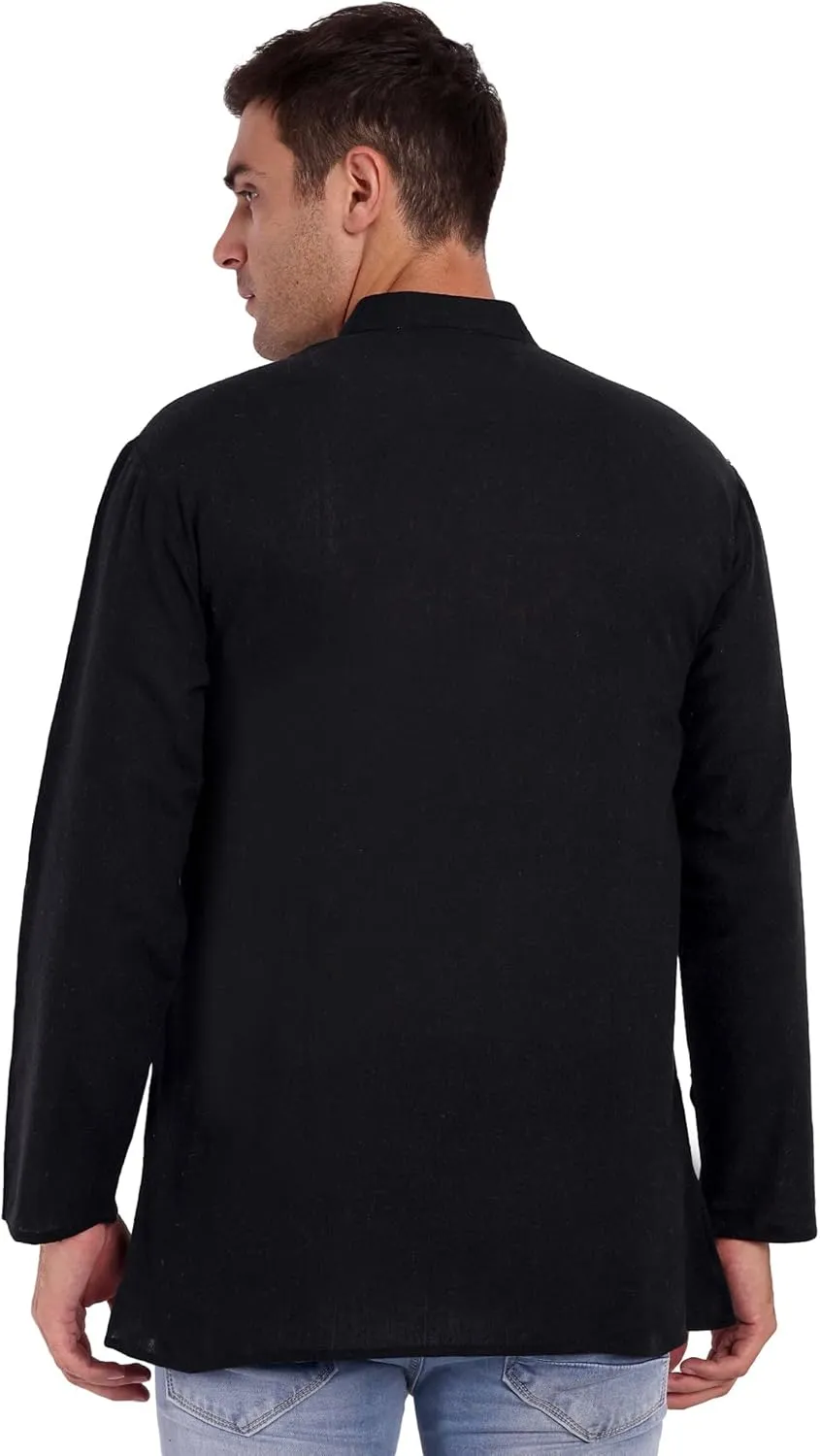 SKAVIJ Men's Handloom Cotton Solid Kurta Mandarin Collar Straight Regular Henley Shirt