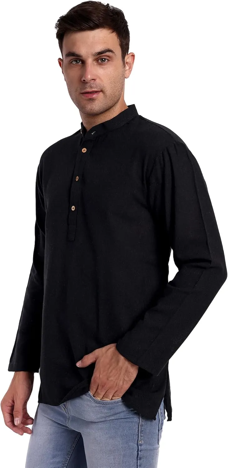 SKAVIJ Men's Handloom Cotton Solid Kurta Mandarin Collar Straight Regular Henley Shirt