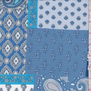 Slate Blue/Beige Deco Patchwork Crepe Fabric